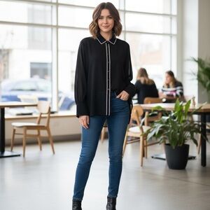 💎Forever 21 Black Button-Up Shirt with Rhinestome Trim Large NWOT